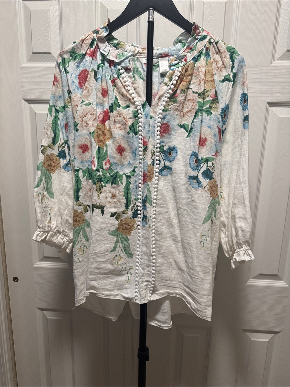 Kaktus Ivory Floral Pom-Pom Peasant Blouse